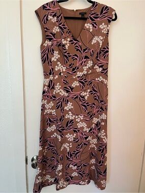 Ann Taylor Brown Floral Midi Dress with Pink Accents